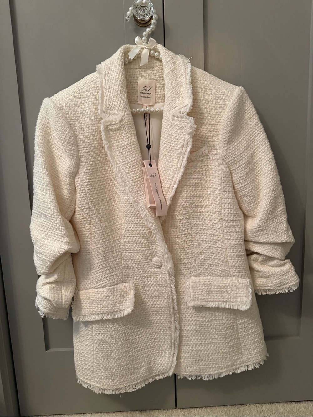 Cinq a Sept Khloe Ivory Bouclé Fringe-Trim Blazer